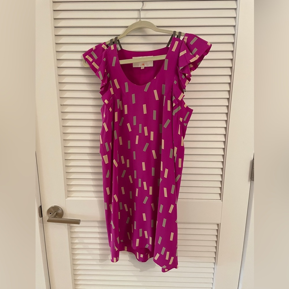 Lauren Moffatt silk sheath confetti dress with cap sleeves
